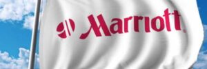 A white flag with red "Marriott" lettering