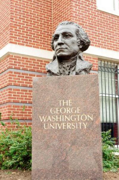 A bust of George Washington at the entrance of the university