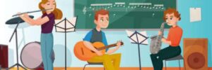 A cartoon showing students playing instruments in a classroom