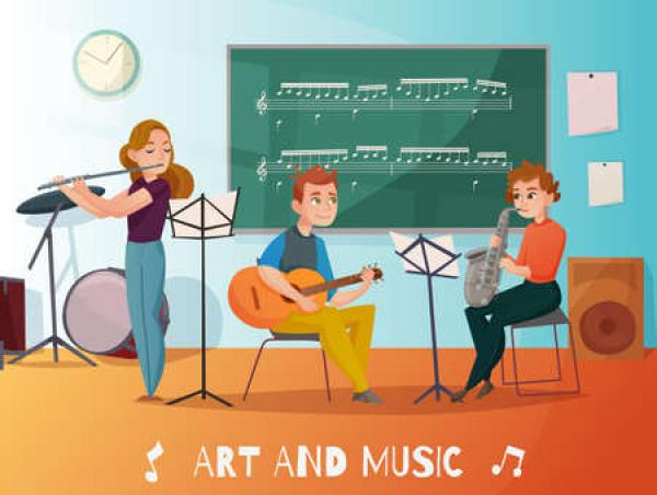 A cartoon showing students playing instruments in a classroom