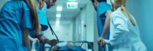 A group of doctors and nurses take a patient down a hall on a gurney