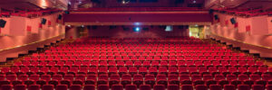 Interior of modern empty red congress hall.